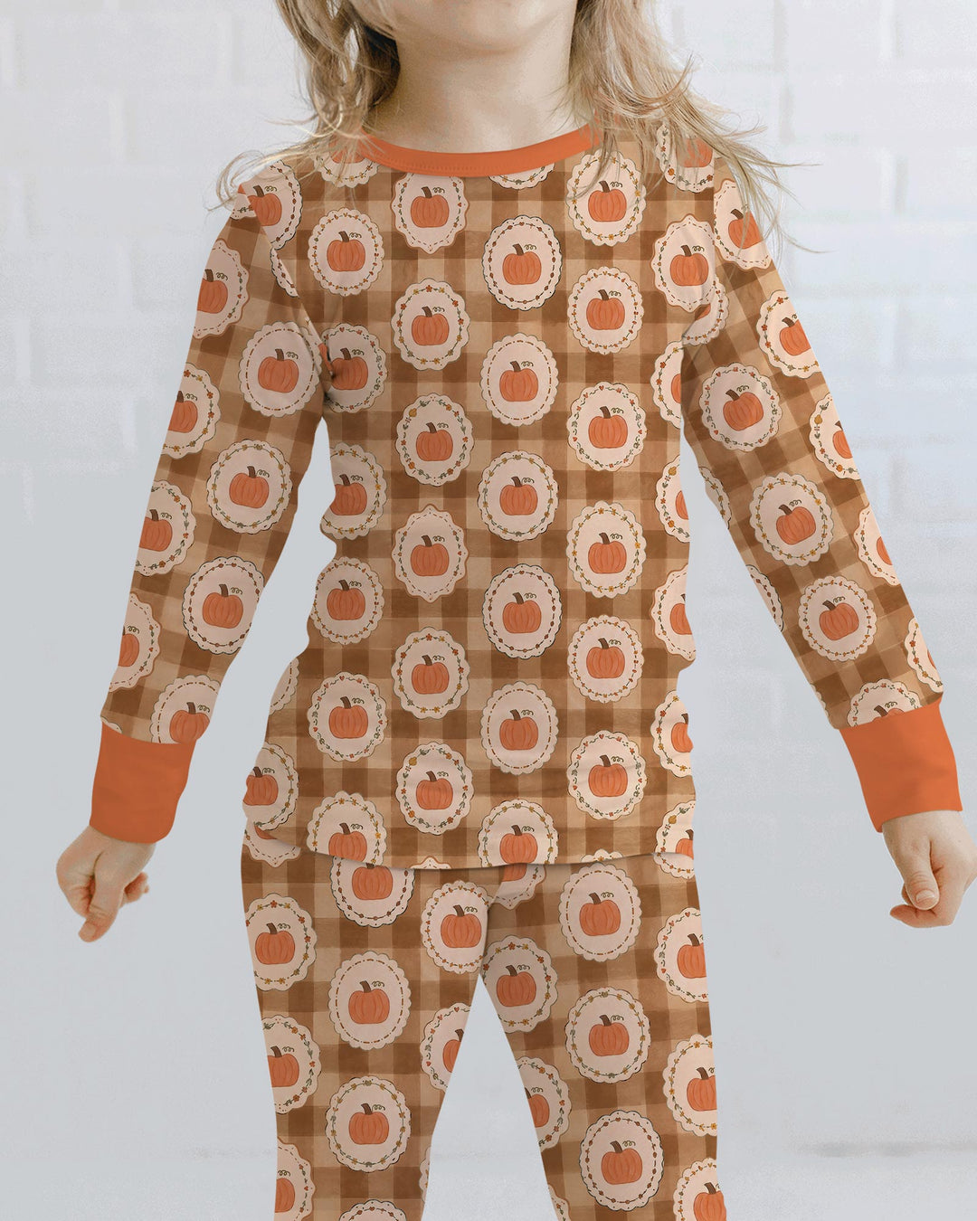 Folksy Framed Gingham Pumpkin Bamboo Two Piece Long Sleeve Pajama Set