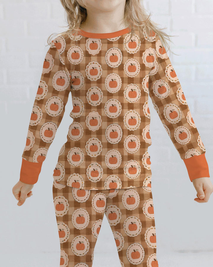 Folksy Framed Gingham Pumpkin Bamboo Two Piece Long Sleeve Pajama Set