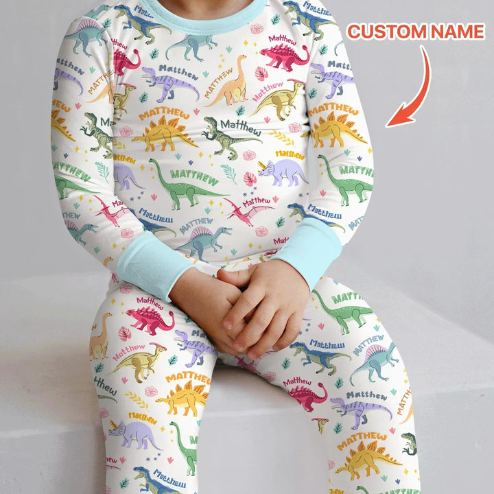 Dino Roar Custom Name Bamboo Two Piece Long Sleeve Pajama Set
