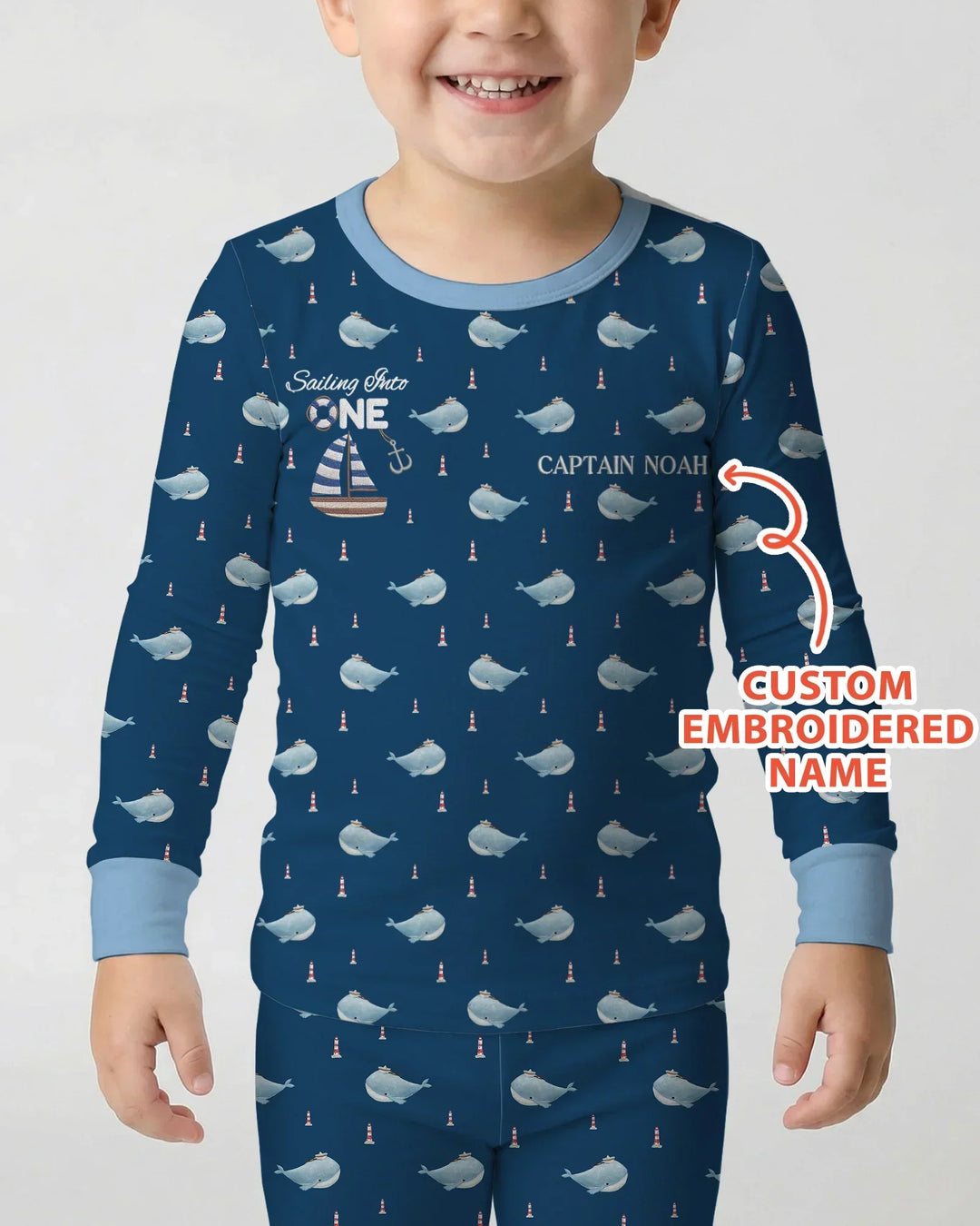 Custom Embroidered Name 1st Birthday Boy Bamboo Two Piece Long Sleeve Pajama Set