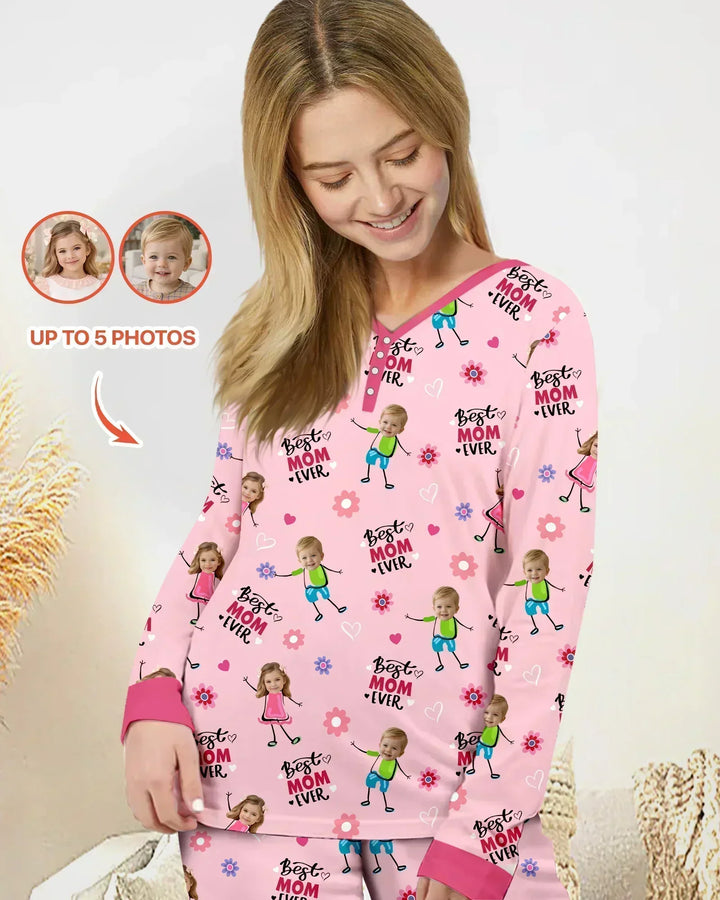 Custom Photo "Best Mom Ever" Doodle Bamboo Women Pajama Set