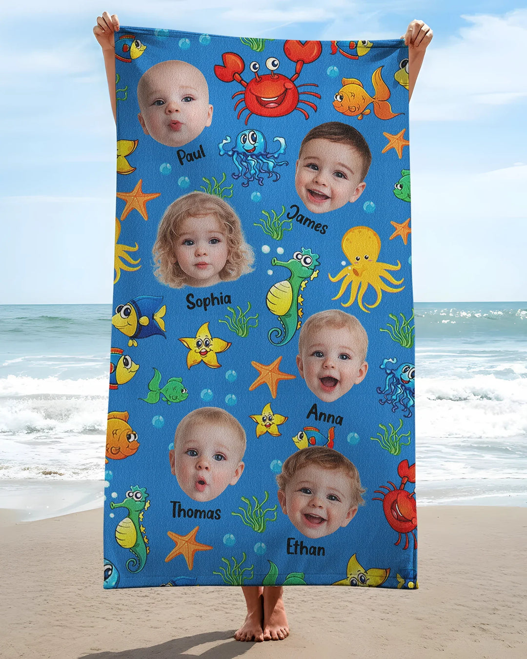 Personalisiertes Foto Niedliches Kindergesicht Aquarell Meerestiere Sommer Bambus Strandtuch