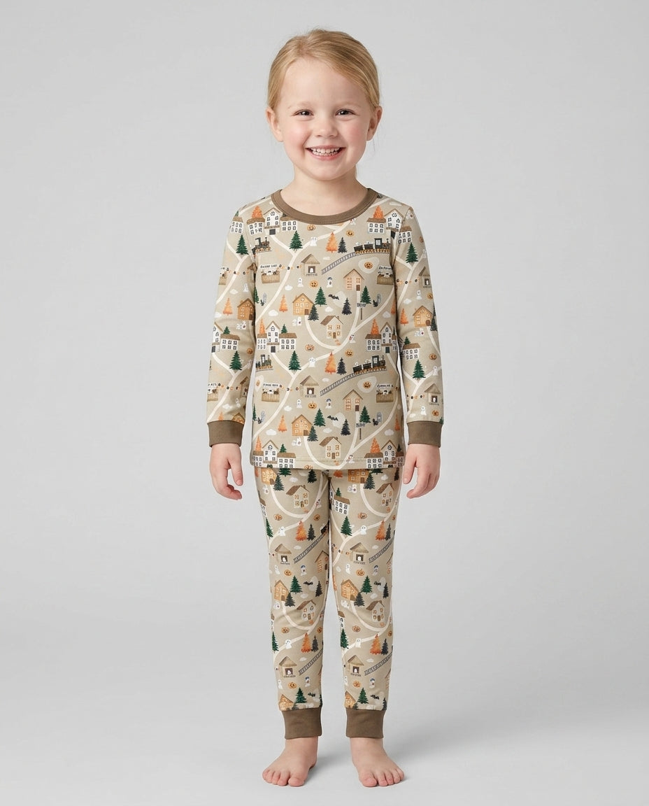 Haunted Halloween Town Map Bamboo Two Piece Long Sleeve Pajama Set