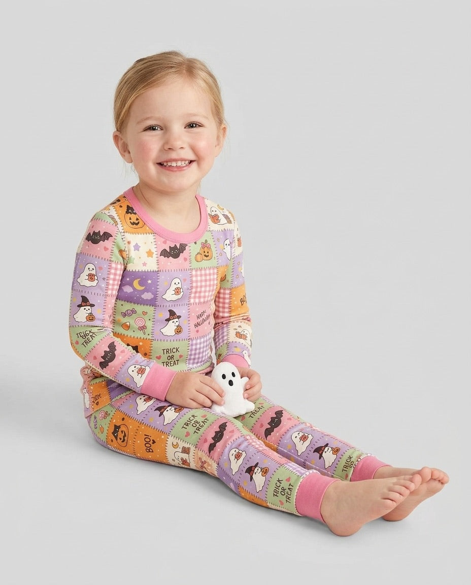 Cute Halloween Trick Or Treat Patchwork Bamboo Two Piece Long Sleeve Pajama Set