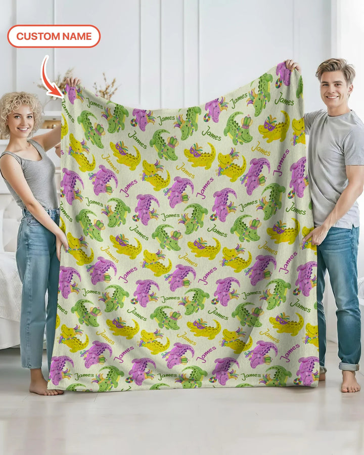 Custom Name Mardi Gras Alligator Bamboo Blanket