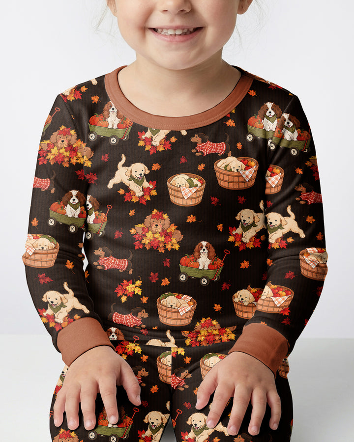 Pups in the Leaves Bamboo Two Piece Long Sleeve Pajama Set