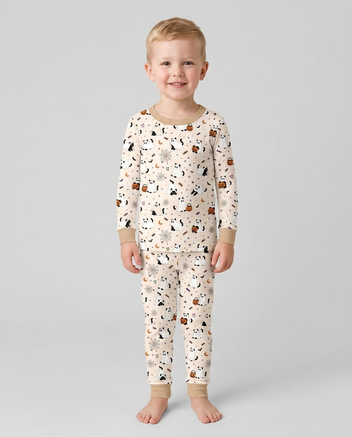 Ghost Cat Vintage Halloween Bamboo Two Piece Long Sleeve Pajama Set