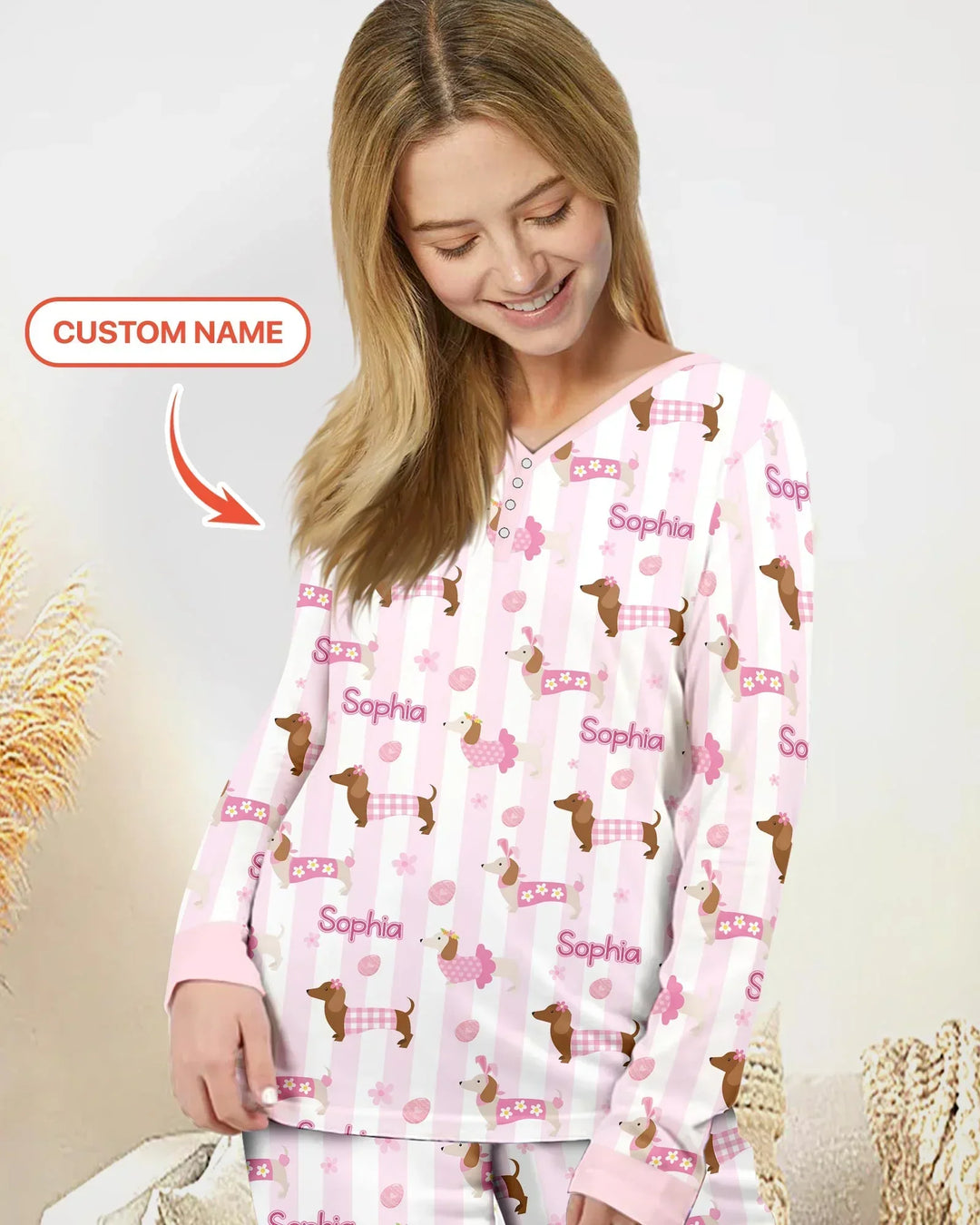 Custom Name Easter Dachshunds Family Matching Bamboo Women Pajama Set