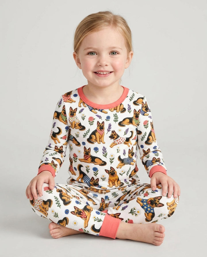 Floral German Shepherds Bamboo Two Piece Long Sleeve Pajama Set
