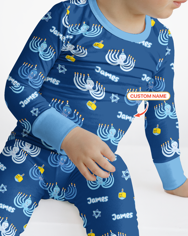 Hanukkah Jewish Octopus Bamboo Two Piece Long Sleeve Pajama Set