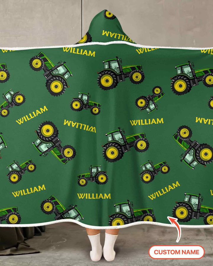 Custom Name Green Tractors Matching Daddy & Me Bamboo Wearable Hooded Blanket