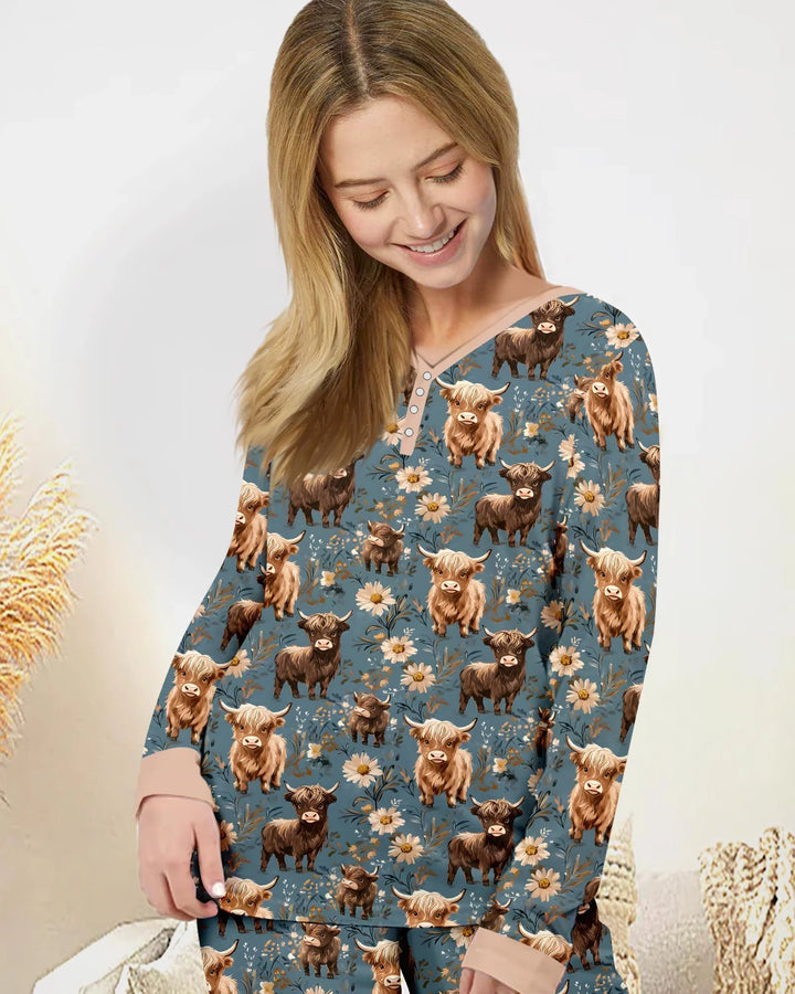 Majestic Highland Cows Familie passende Bambus Damen Pyjama Set
