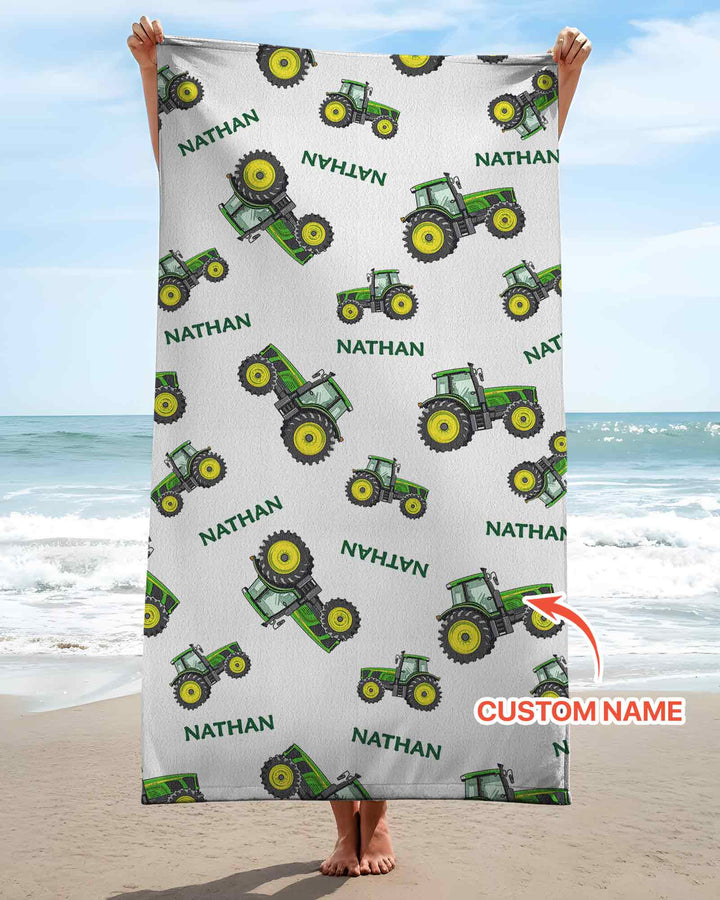 Custom Name Green Tractors Matching Daddy & Me  Beach Towel