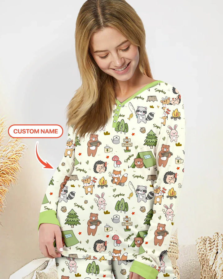 Custom Name Little Camp Buddies Bamboo Women Pajama Set