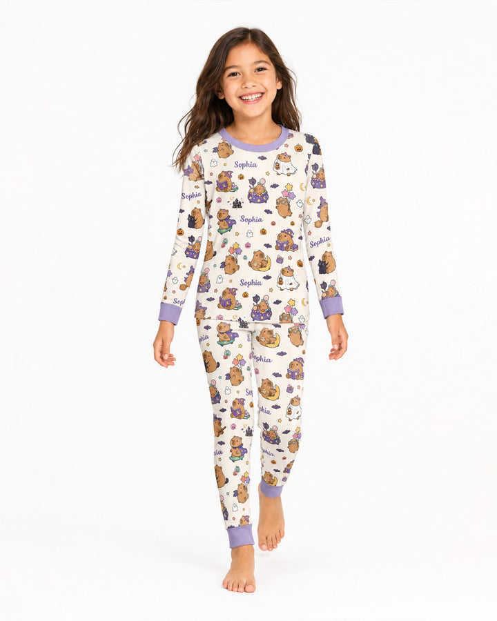 Custom Name Kawaii Halloween Capybara Bamboo Two Piece Long Sleeve Pajama Set
