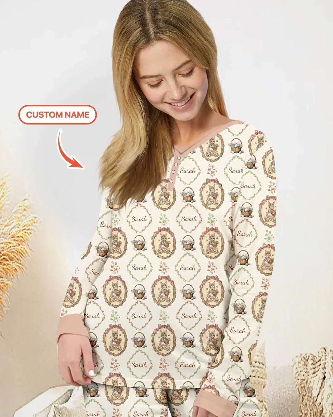 Vintage Hase Ostern Benutzerdefinierter Name Mommy & Me Passender Bambus Damen Schlafanzug Set