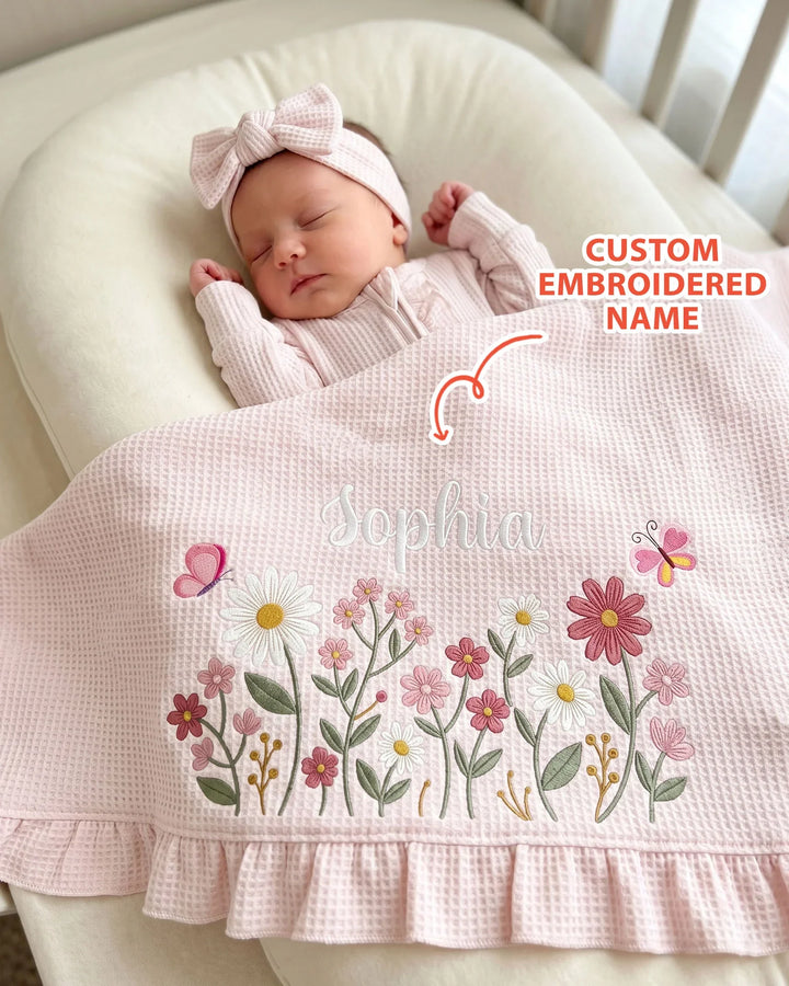 Custom Name With Flower Embroidered Waffle Ruffle Bamboo Blanket