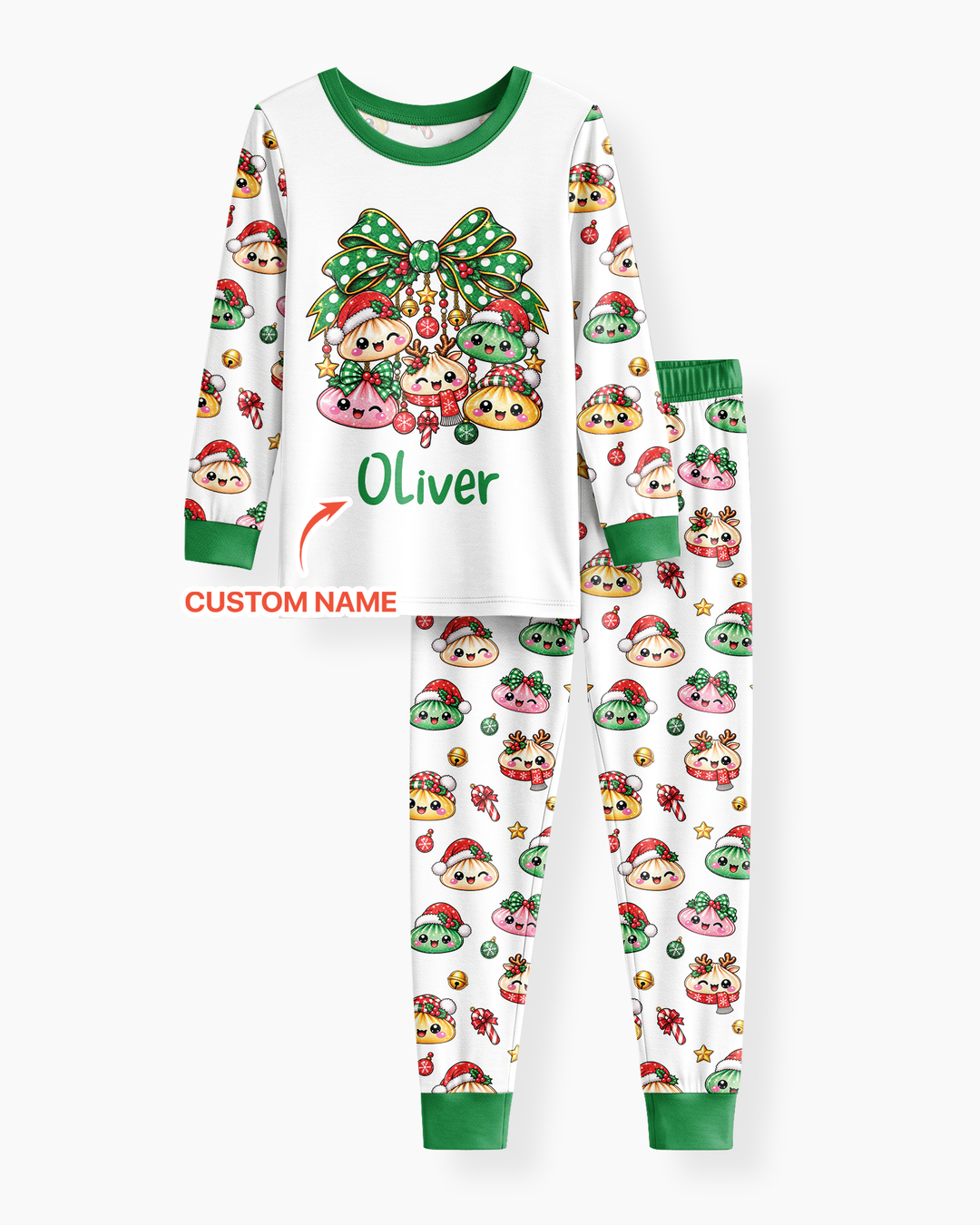 Custom Name Christmas Dumpling The Bow Bamboo Two Piece Long Sleeve Pajama Set