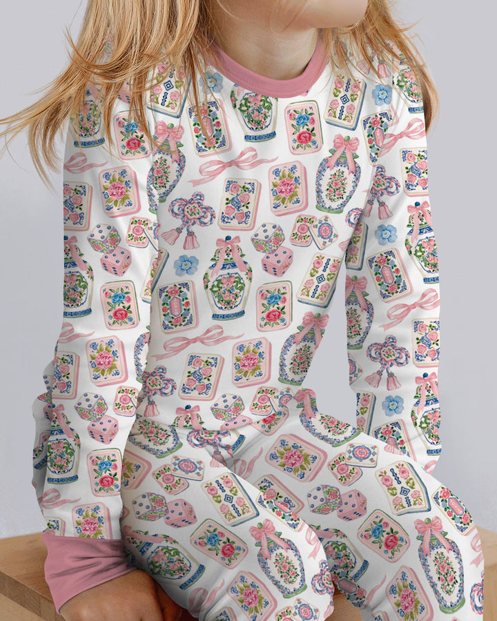Chinoiserie Mahjong Mommy & Me Matching Bamboo Two Piece Long Sleeve Pajama Set