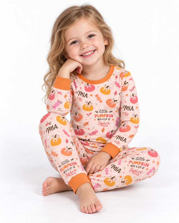 Custom Name Little Pumpkin With A Lot Of Spice Bamboo Two Piece Long Sleeve Pajama Set