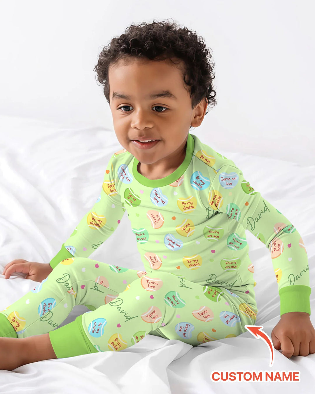 Custom Name Tennis Candy Hearts Bamboo Two Piece Long Sleeve Pajama Set