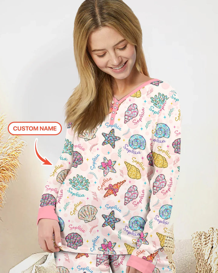 Personalisierter Name Küsten-Wildblumen Sommer-Bambus-Pyjama-Set für Damen