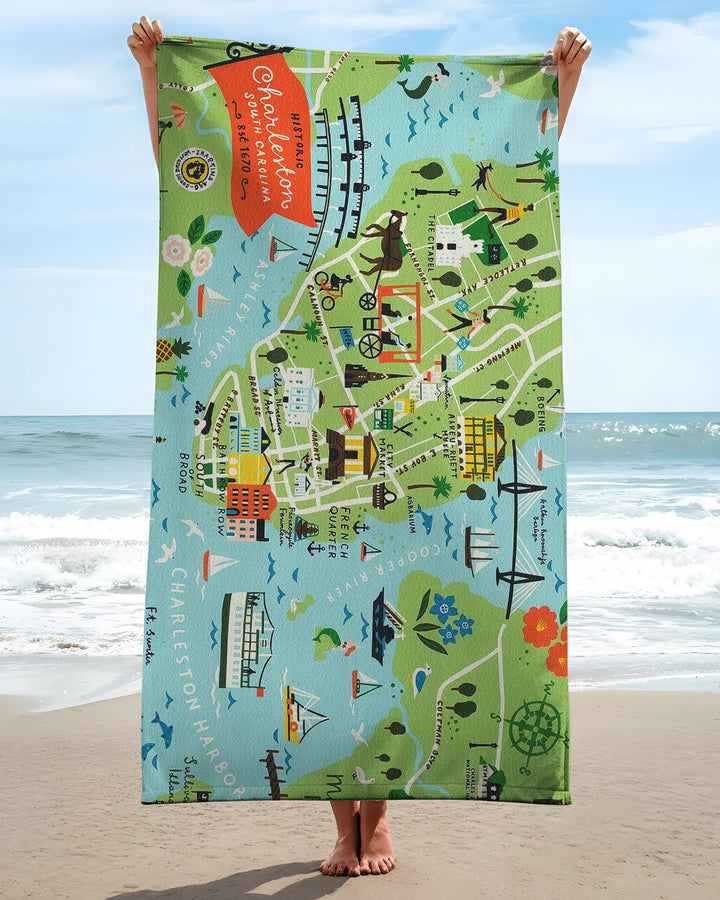 Charleston Coastal Charm Map Bamboo Beach Towel