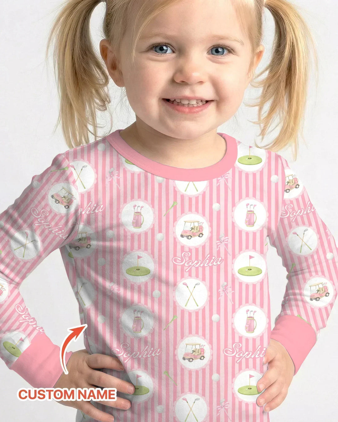 Custom Name Pink Golf Girl Bamboo Two Piece Long Sleeve Pajama Set