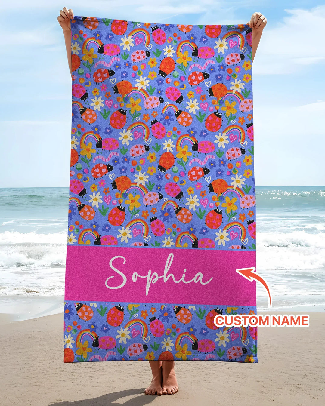 Custom Name Lady Bugs Beach Towel