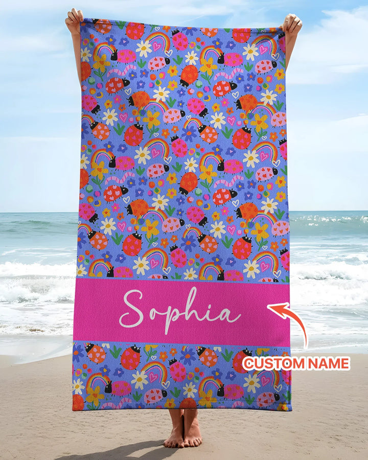 Custom Name Lady Bugs Beach Towel
