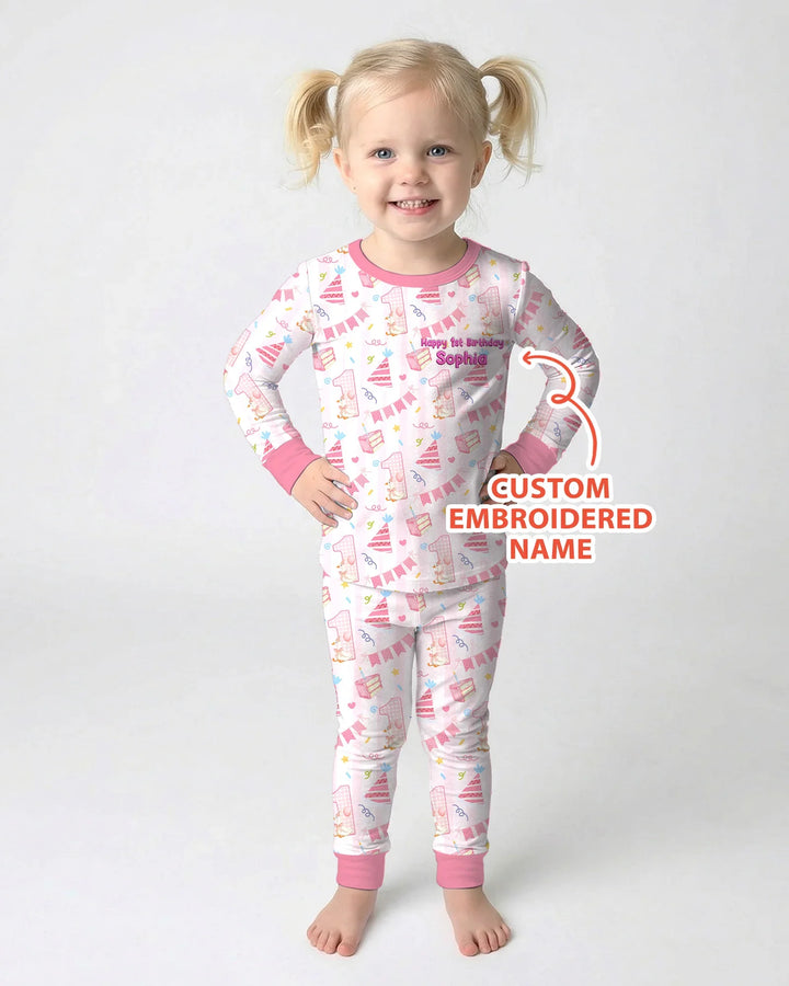 1st Birthday Girl Embroidered Baby Bamboo Two Piece Long Sleeve Pajama Set