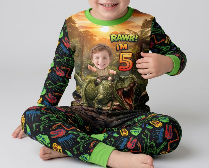 Custom Photo Dino Rawr Birthday Bamboo Two Piece Long Sleeve Pajama Set