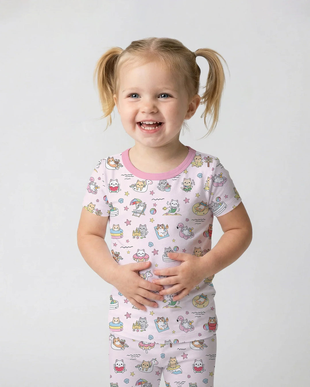 Kawaii Cats Summer Vacation Bamboo Two Piece Short Sleeve Pajama Set