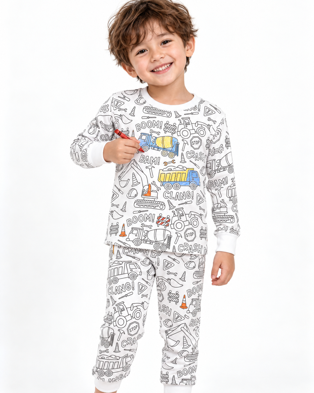 Baumwoll-Pyjama-Set (Zweiteiler) „Baustelle“ zum Ausmalen