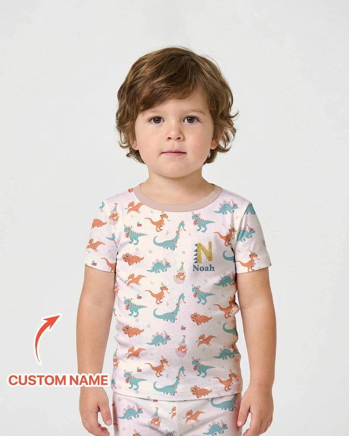 Embroidered Dinosaurs Bamboo Two Piece Short Sleeve Shorts Pajama Set