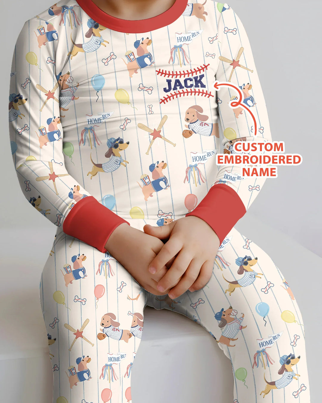 Personalized Embroidered Name Dachshund Baseball Bamboo Two Piece Long Sleeve Pajama Set