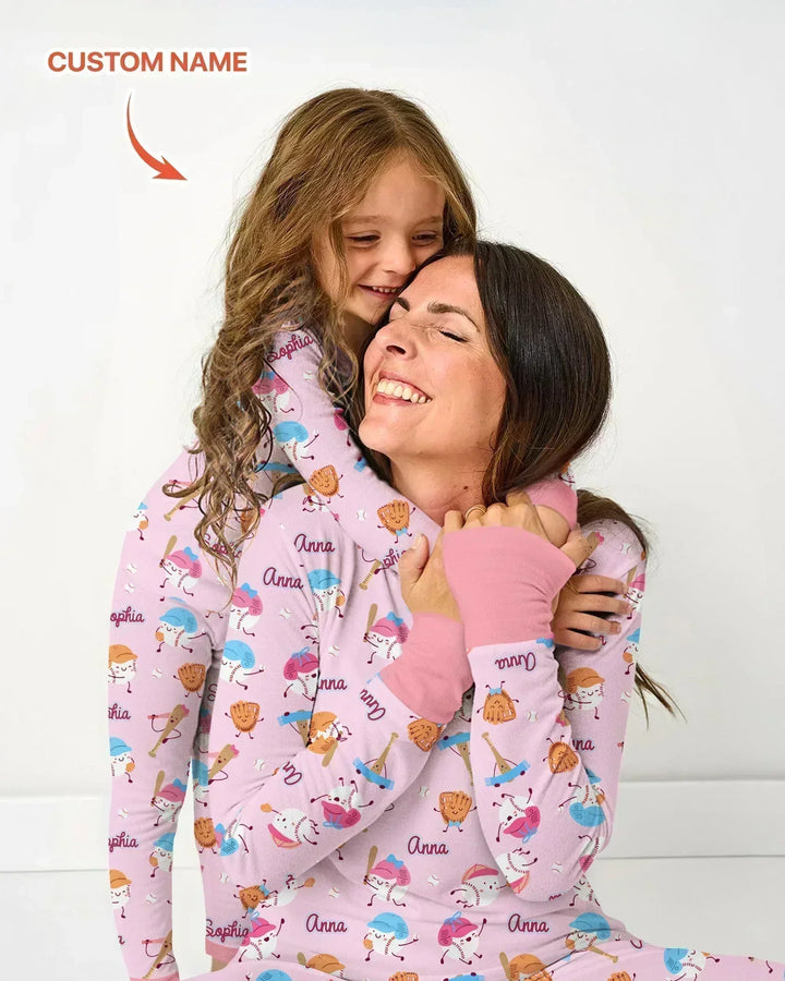 Kundenspezifischer Name Ballparl Familie Passender Bambus Damen Pyjama Set