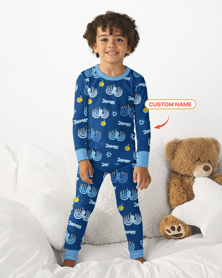 Hanukkah Jewish Octopus Bamboo Two Piece Long Sleeve Pajama Set
