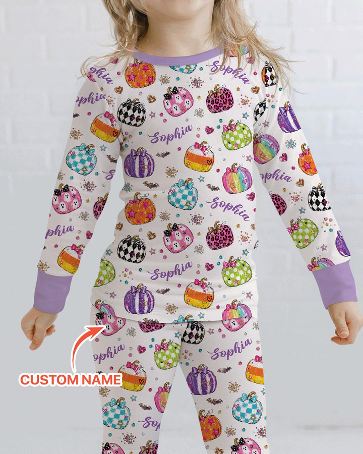 Custom Name Twinkle Pumpkin Bamboo Two Piece Long Sleeve Pajama Set