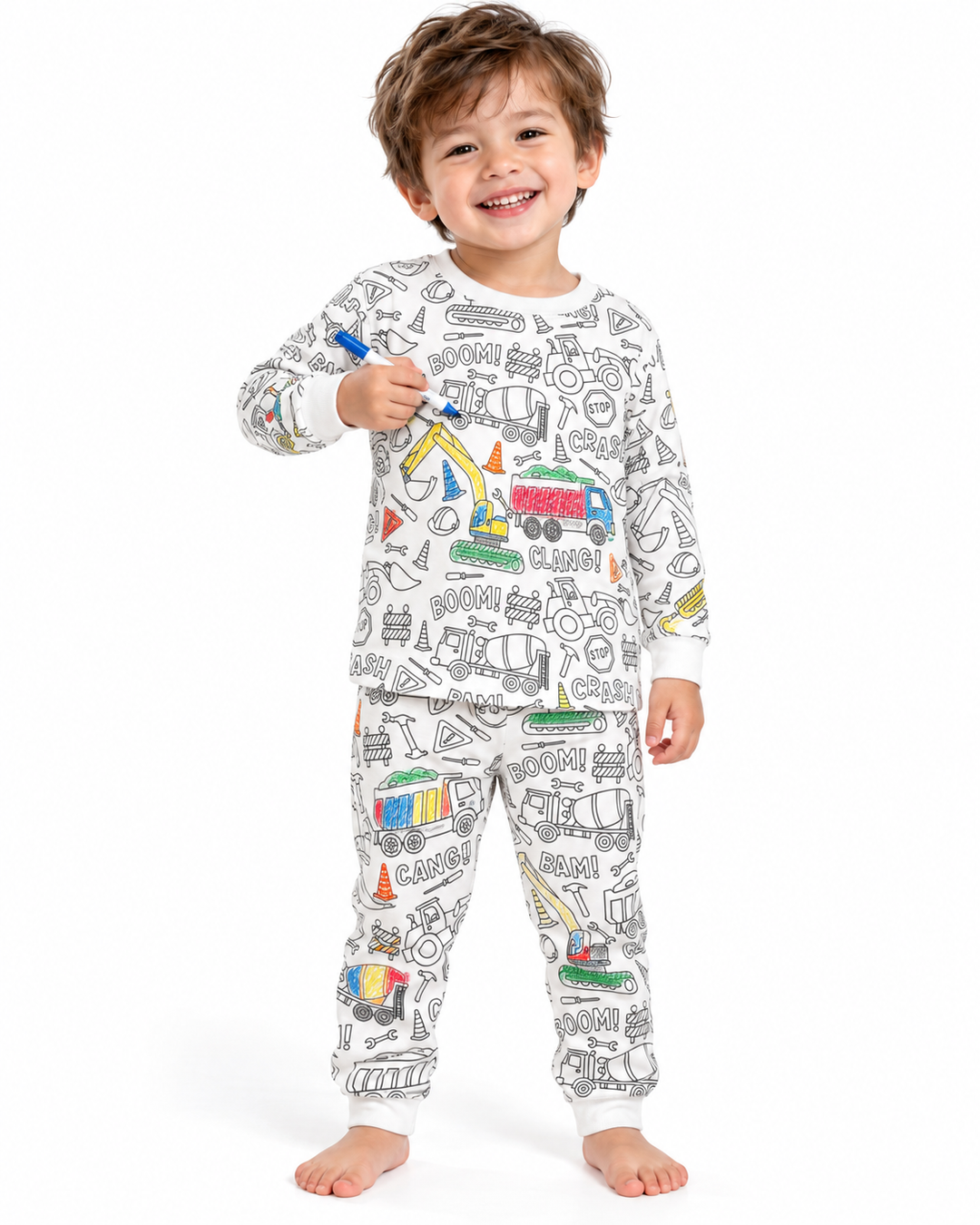 Baumwoll-Pyjama-Set (Zweiteiler) „Baustelle“ zum Ausmalen
