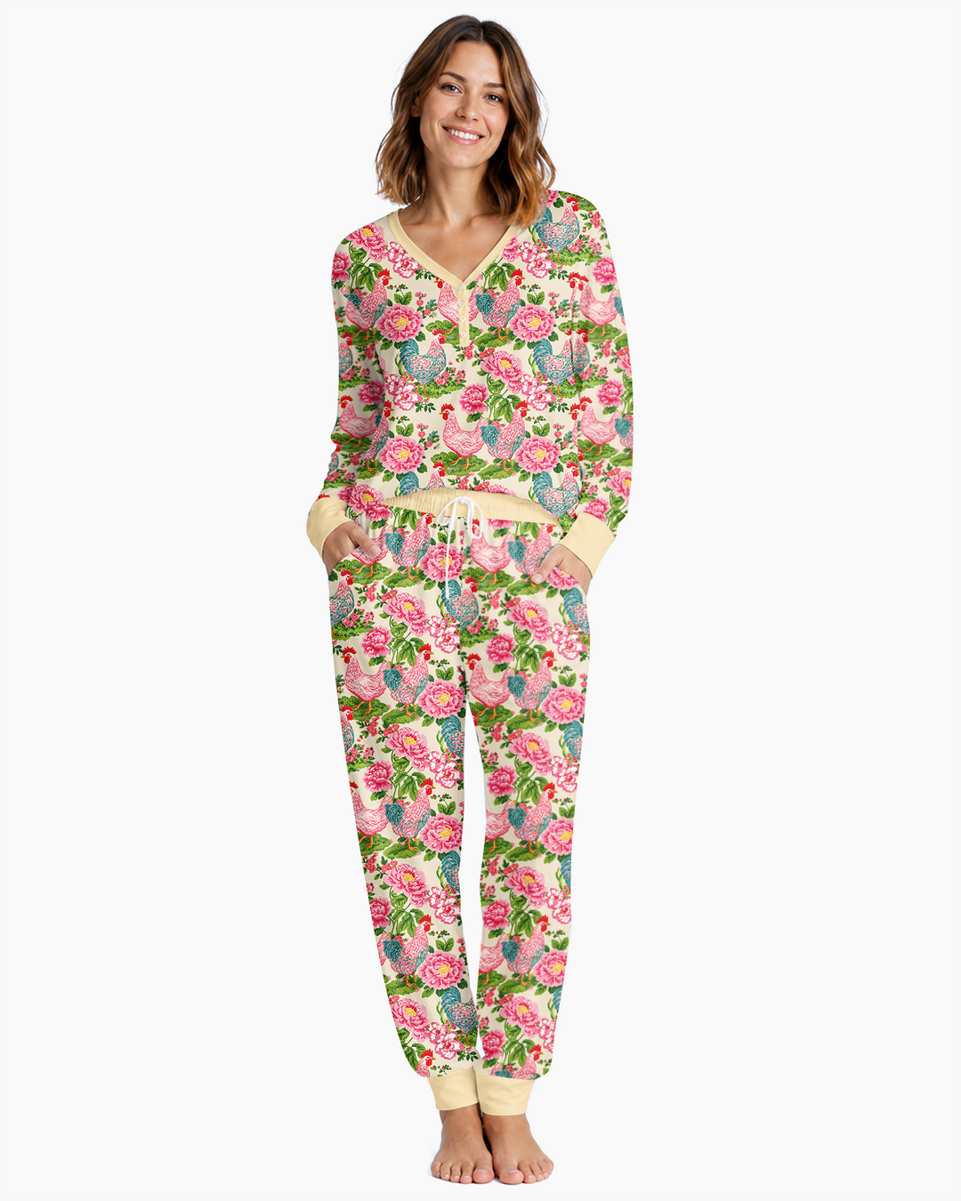 Chicken and Peony Mommy And Me Matching Bamboo Women Pajama Set