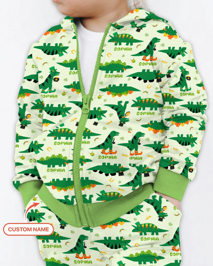St. Patrick's Day Dinosaurier Benutzerdefinierter Bambus-Kapuzenpullover mit Reißverschluss