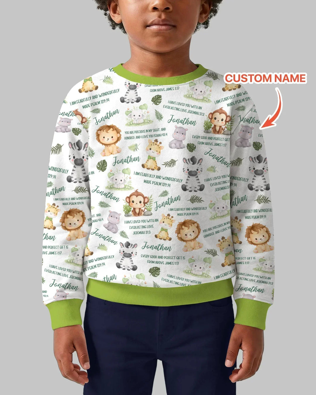 Personalisiertes Bibelvers Safari-Tier Bambus Rundhals-Sweatshirt