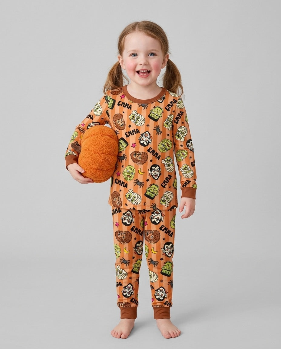Custom Name Spooky Monsters Bamboo Two Piece Long Sleeve Pajama Set