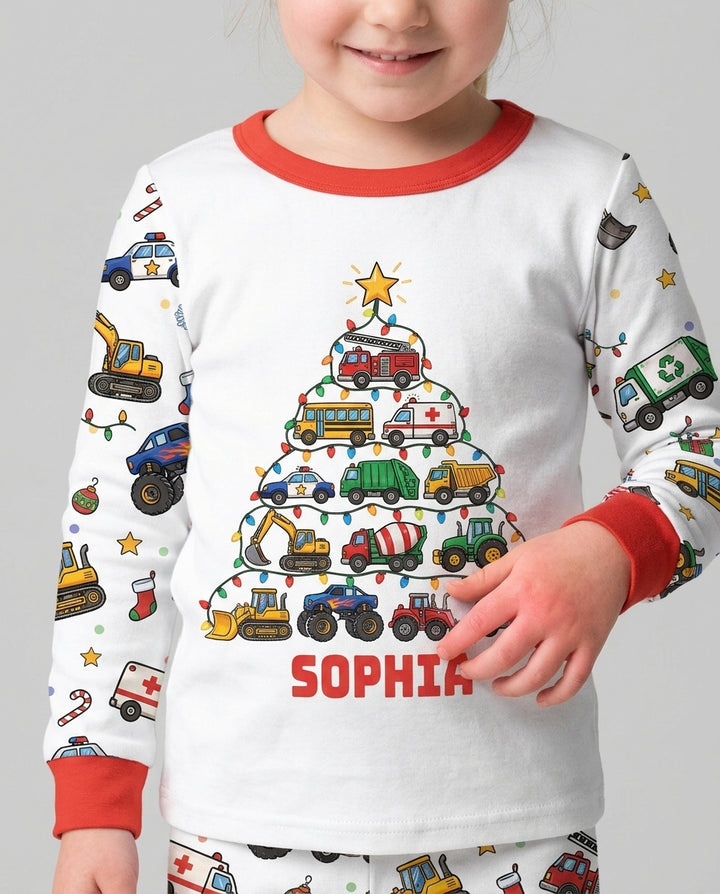 Custom Name Little Trucks Christmas Tree Bamboo Two Piece Long Sleeve Pajama Set