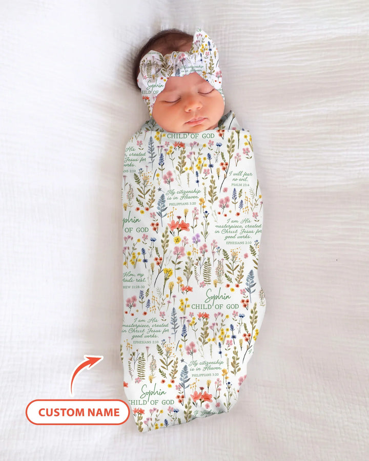 Personalisierte Babydecke "Kind Gottes" mit Blumengartenmuster