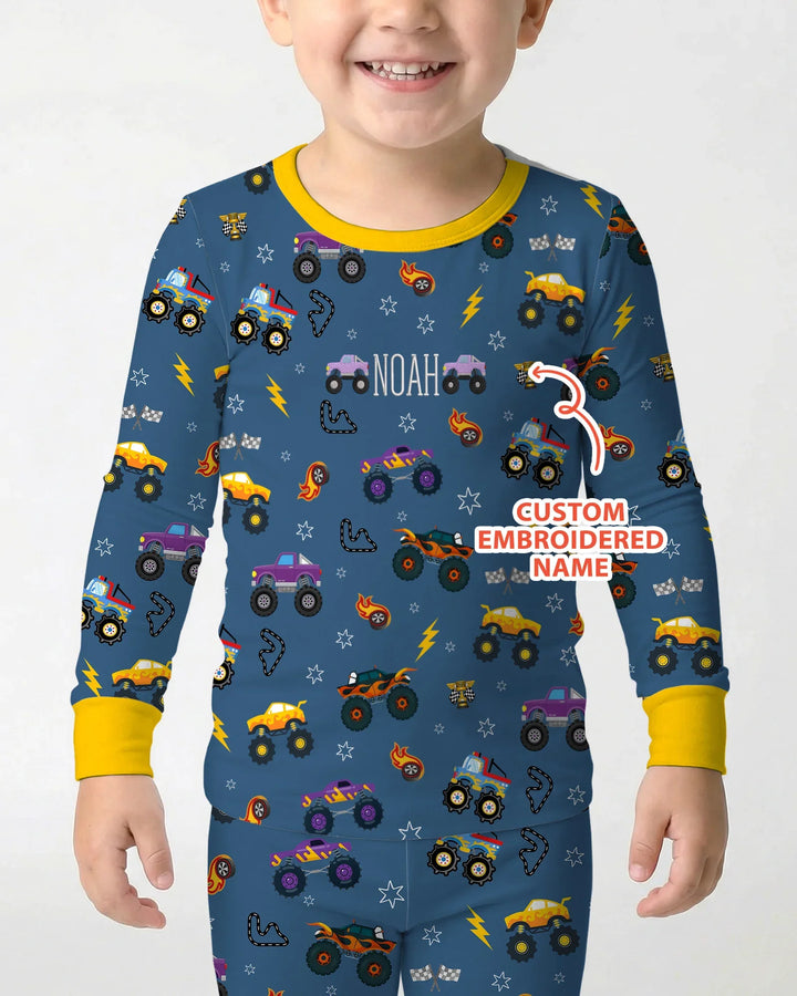 Custom Name Embroidered Crazy Truck Bamboo Two Piece Long Sleeve Pajama Set