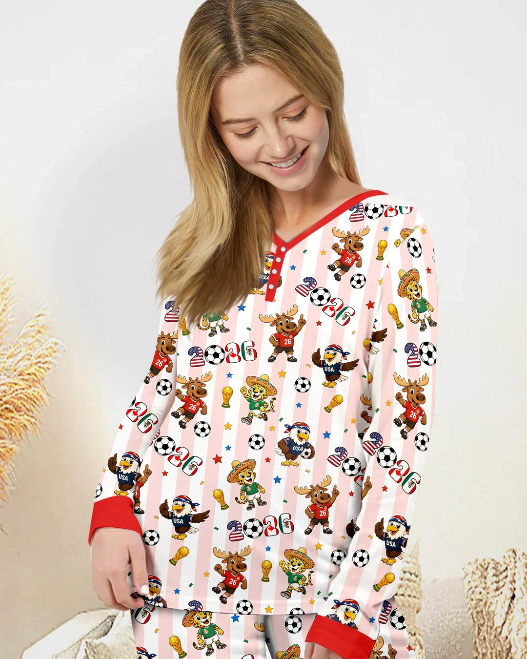 Striped Cute Mascots Soccer Cup 2026 Bamboo Women Pajama Set