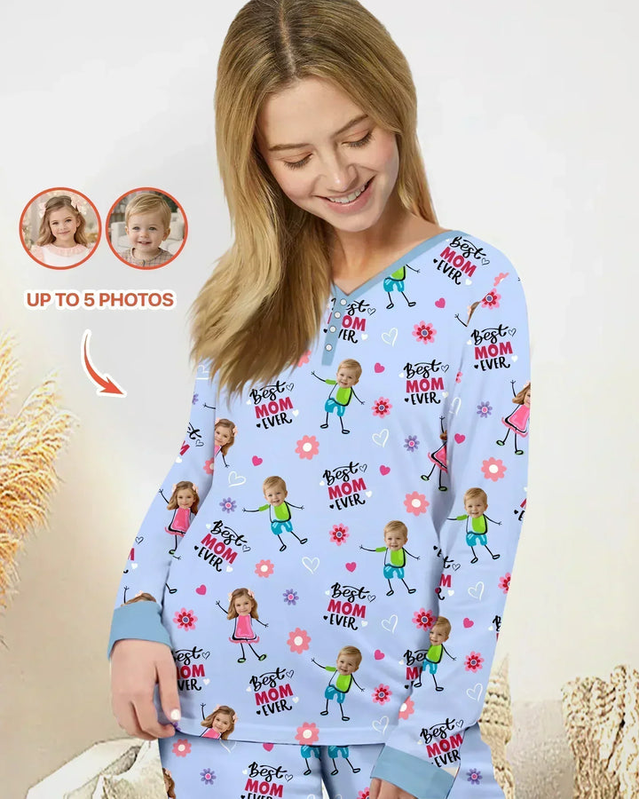 Custom Photo "Best Mom Ever" Doodle Bamboo Women Pajama Set