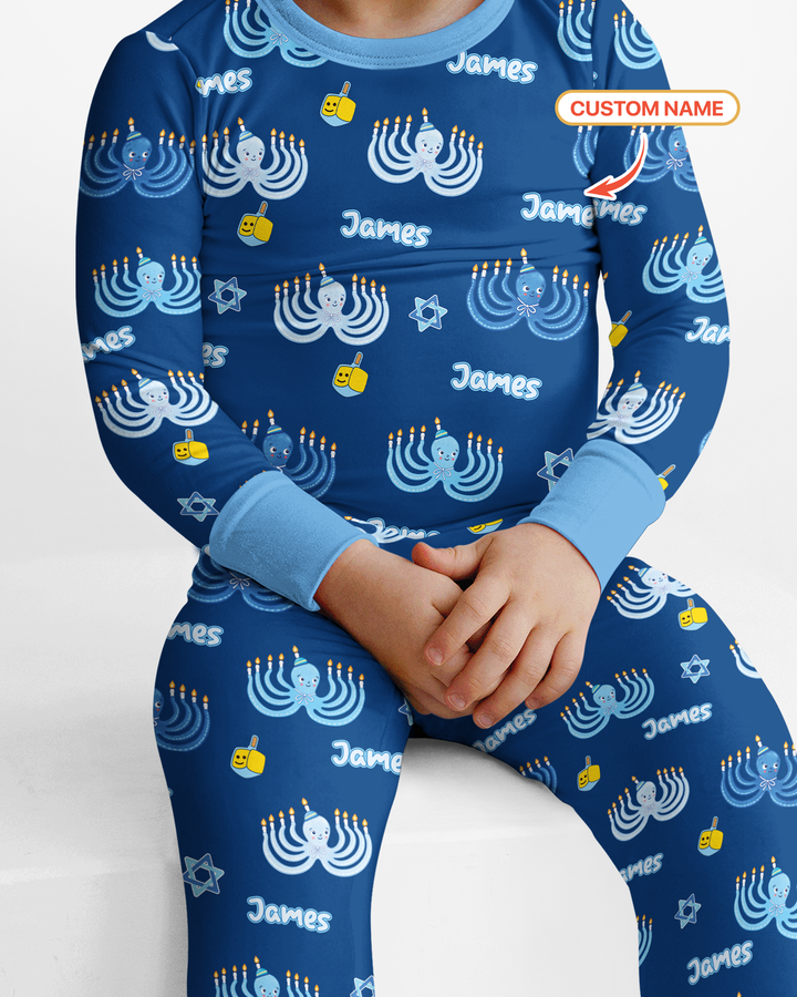 Hanukkah Jewish Octopus Bamboo Two Piece Long Sleeve Pajama Set